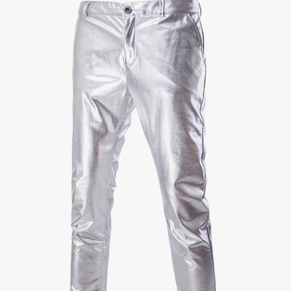 Men’s metallic silver pants/ tin man